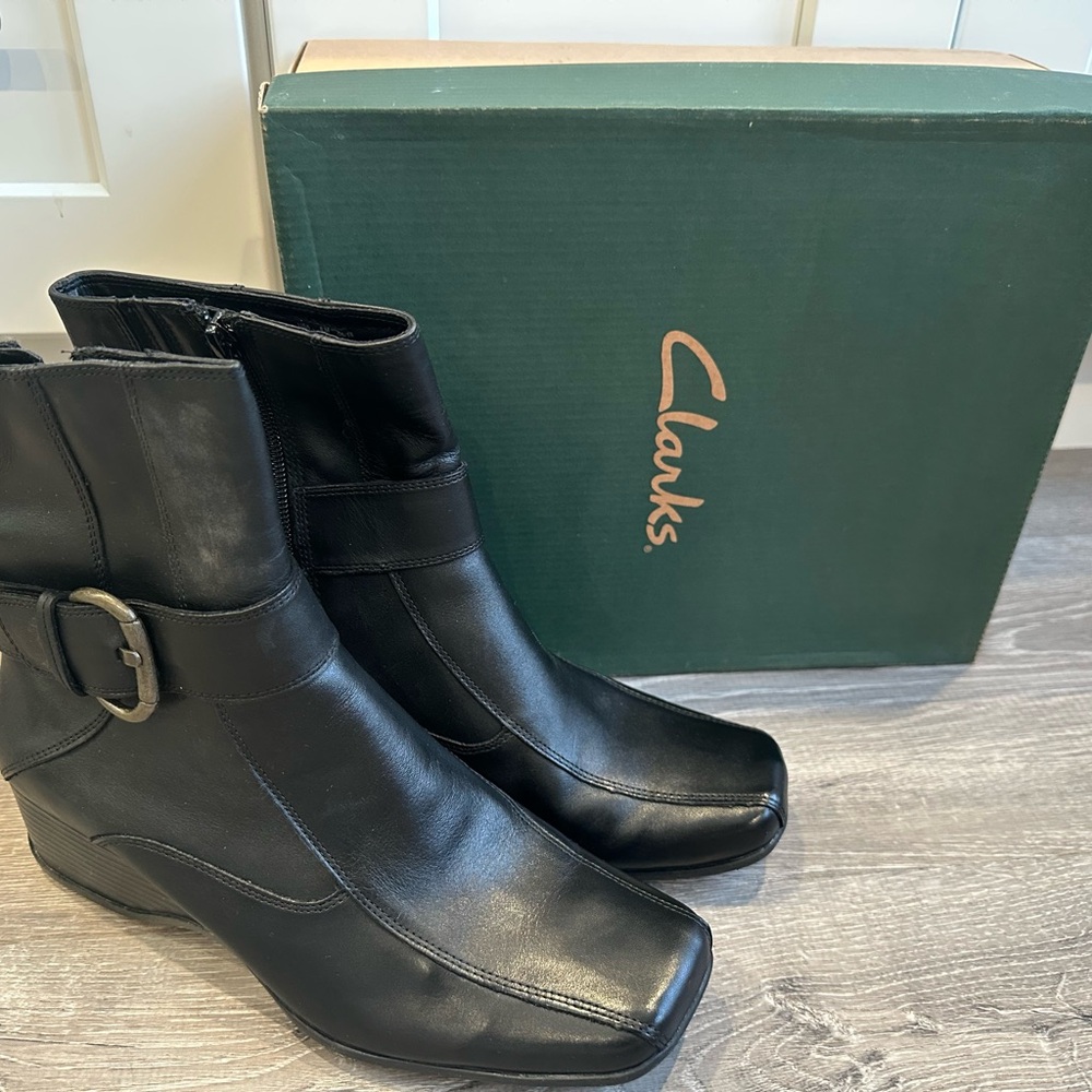 Clarks Sleek Black Ankle Boots with Buckle